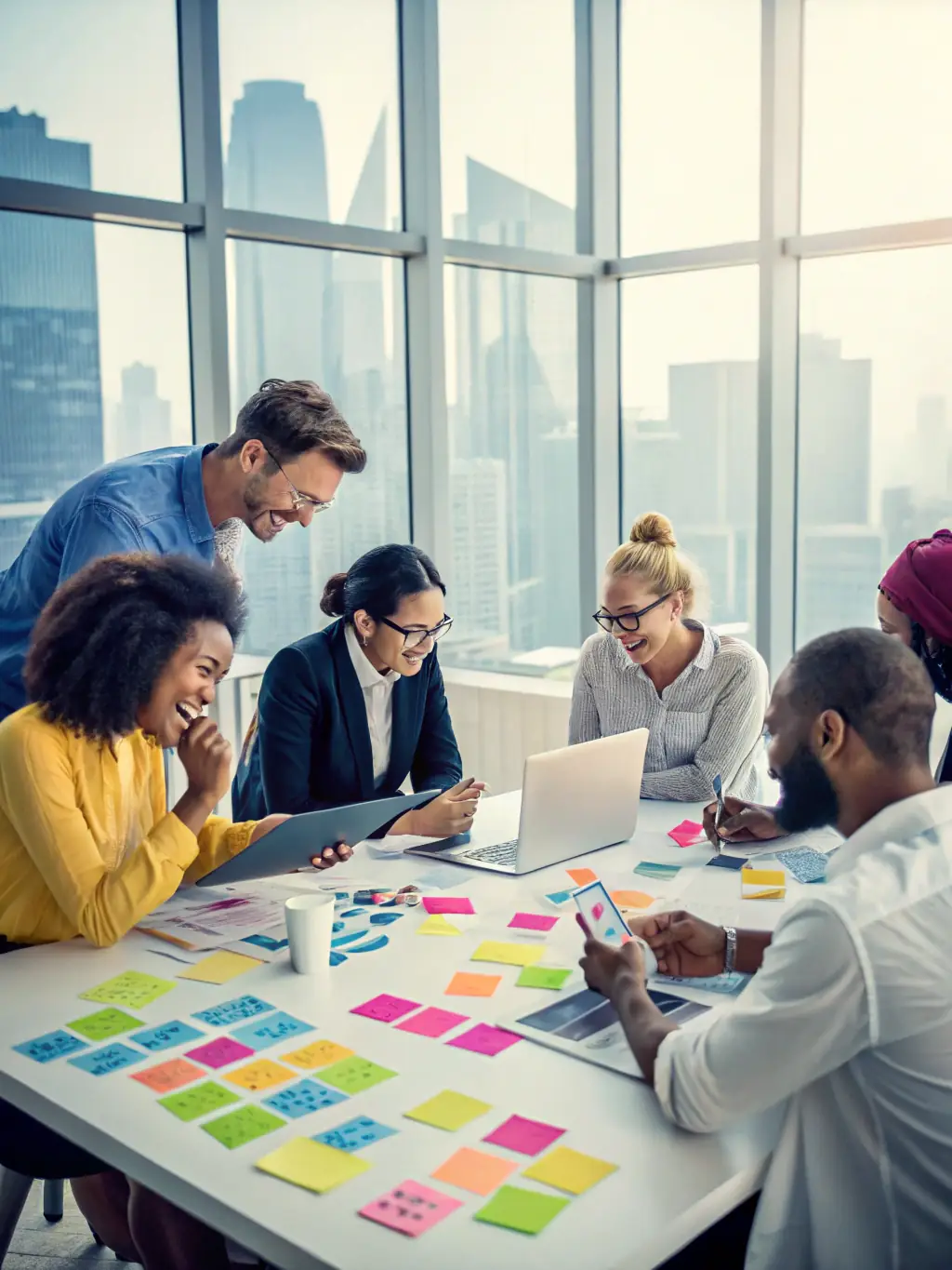 A diverse team of consultants brainstorming around a digital whiteboard, capturing and structuring knowledge assets for a client's knowledge codification project.
